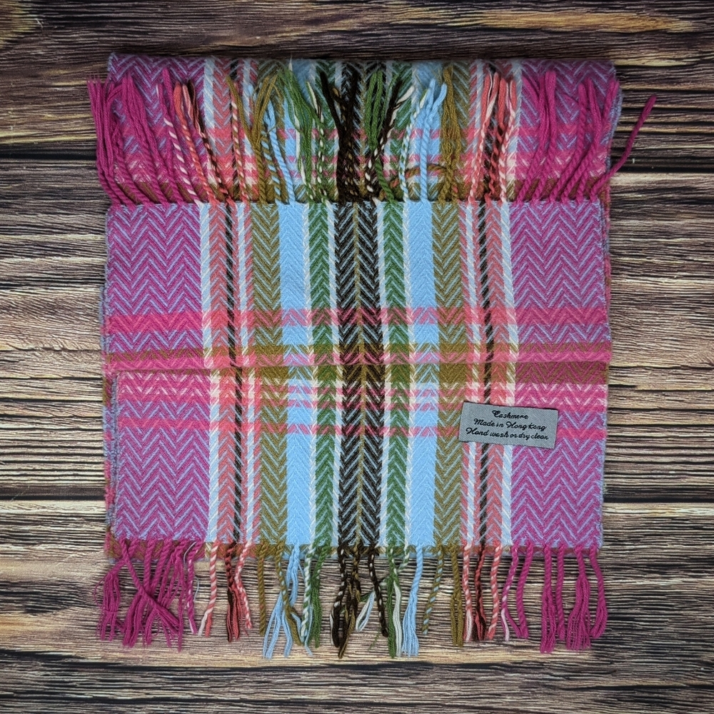 Cashmere Pink Plaid & Chevron Fringe Scarf NWOT